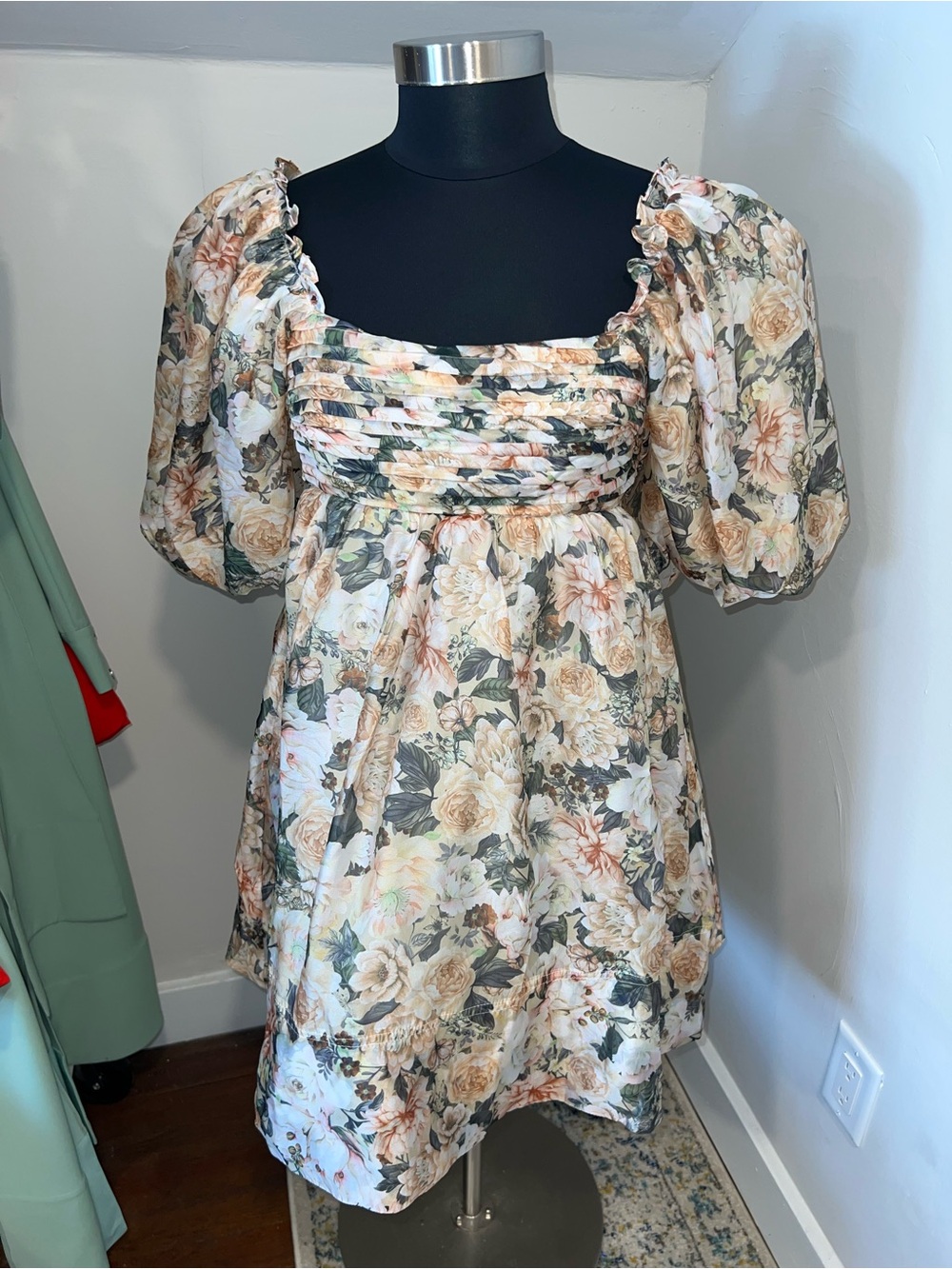 NWT Sofie the Label Floral Smocked Puff-Sleeve Mini Dress in Cream and Sage